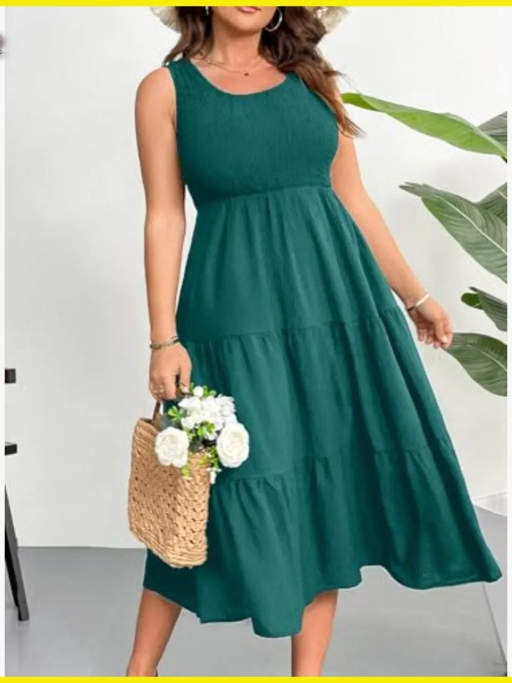 Sleeveless Smocked Midi Dress Flowy Tiered Boho Beach Casual Sundress